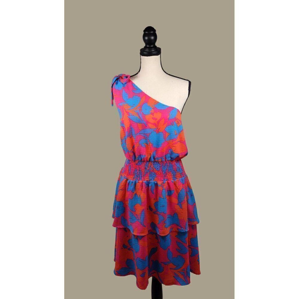 Gilli Pink, Orange and Blue Floral One Shoulder Smocked Tiered Dress Size 3X NWT